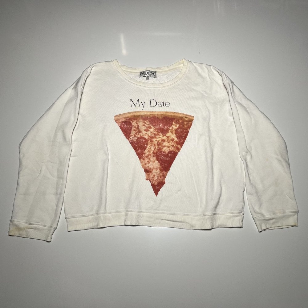 WildFox White Oversized Vintage Soft Sweatshirt with Pizza Logo Womens Size M